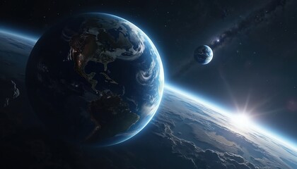 Wall Mural - earth and moon in space. planet, satellite illuminated by sun. blue planet in starry cosmos, cosmic 