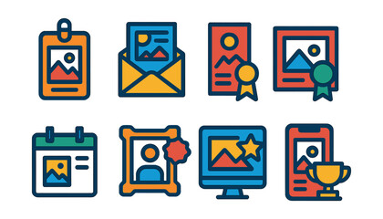 Flat vector icons of gallery promotional tools: exhibit invitation card badge, gallery newsletter trophy, opening night flyer medal, social media post layout ribbon, event schedule panel icon,