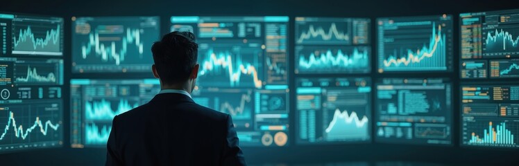 Aufkleber - Businessman analyzes financial data screens, tech interface. Man in suit studies stock market graphs, charts, monitors. Technical data analysis, maximizing company profits. Business intelligence.