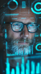 Poster - Close-up of a mature man's face, partially obscured by a cyan digital overlay, conveying technological advancement and data analysis