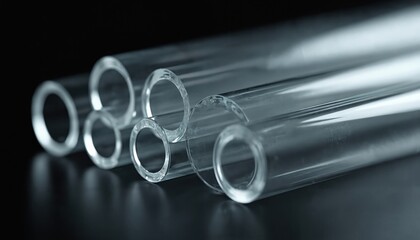 Aufkleber - Close-up photo transparent glass tubes on black background. Tubes have cylindrical shape. Light reflects off the smooth surface. Minimalist design. Ideal for science lab, industry, tech themes.