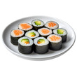 Delicious salmon and avocado maki sushi on a white plate