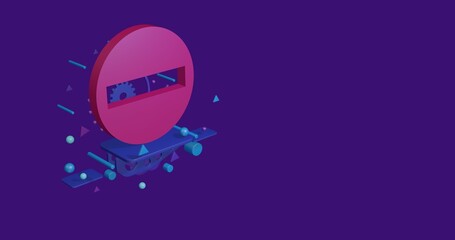 Poster - Pink no entry road sign on a pedestal of abstract geometric shapes floating in the air. Abstract concept art with flying shapes on the left. 3d illustration on deep purple background