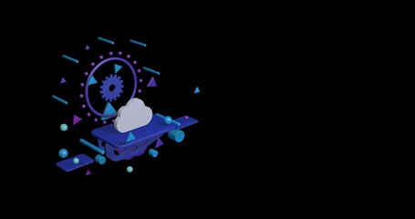 Poster - White cloud symbol on a pedestal of abstract geometric shapes floating in the air. Abstract concept art with flying shapes on the left. 3d illustration on black background