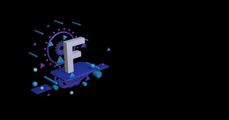 Poster - White capital letter F symbol on a pedestal of abstract geometric shapes floating in the air. Abstract concept art with flying shapes on the left. 3d illustration on black background