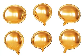 gold foil speech balloons. six different shaped gold balloons, resembling speech bubbles, isolated o
