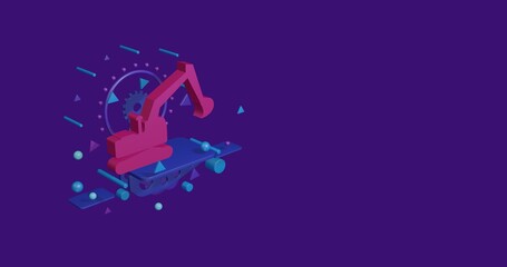 Poster - Pink excavator symbol on a pedestal of abstract geometric shapes floating in the air. Abstract concept art with flying shapes on the left. 3d illustration on deep purple background