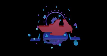 Aufkleber - Red vise symbol on a pedestal of abstract geometric shapes floating in the air. Abstract concept art with flying shapes in the center. 3d illustration on black background