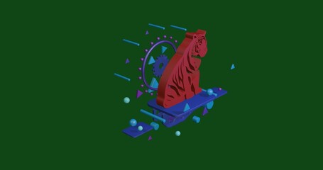 Poster - Red sitting tiger symbol on a pedestal of abstract geometric shapes floating in the air. Abstract concept art with flying shapes in the center. 3d illustration on green background