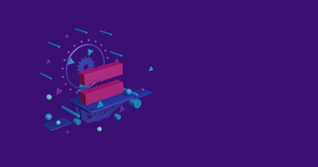 Poster - Pink equals symbol on a pedestal of abstract geometric shapes floating in the air. Abstract concept art with flying shapes on the left. 3d illustration on deep purple background