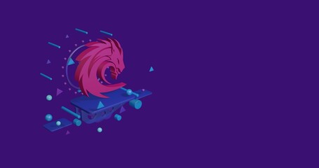 Poster - Pink dragon's head symbol on a pedestal of abstract geometric shapes floating in the air. Abstract concept art with flying shapes on the left. 3d illustration on deep purple background