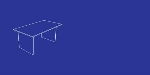Poster - The outline of a large table made of white lines on the left. 3D view of the object in perspective. Vector illustration on indigo background