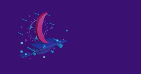 Poster - Pink crescent symbol on a pedestal of abstract geometric shapes floating in the air. Abstract concept art with flying shapes on the left. 3d illustration on deep purple background