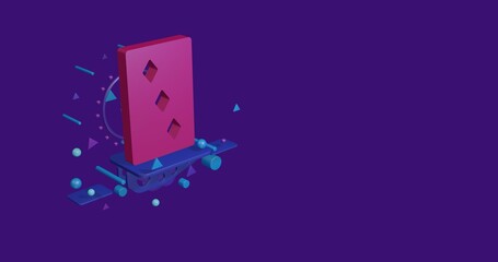Poster - Pink Three of diamonds playing card on a pedestal of abstract geometric shapes floating in the air. Abstract concept art with flying shapes on the left. 3d illustration on deep purple background