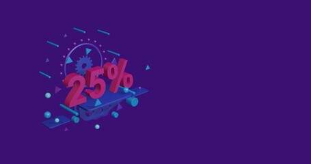 Poster - Pink 25 percent symbol on a pedestal of abstract geometric shapes floating in the air. Abstract concept art with flying shapes on the left. 3d illustration on deep purple background