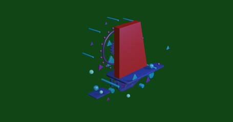 Poster - red trapezium symbol on a pedestal of abstract geometric shapes floating in the air. abstract concep