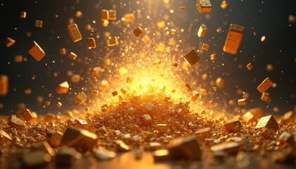 Poster - Illustration shows vibrant explosion of gold pieces with glowing particles, creating dynamic energy. Gold cubes, dust, glitter, bright light, shining on dark background. Conceptual image of wealth,