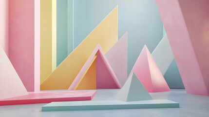Poster - Geometric pastel dreamscape featuring triangles and planes in subtle hues