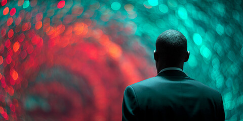 Aufkleber - Man in suit, back view, against bokeh background of red and teal lights.  Suggests mystery, anticipation, or a formal event