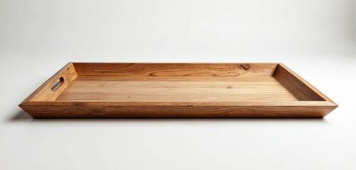 Poster - Wooden tray isolated on white background. Perspective view of empty brown tray with handle. Ideal display for serving breakfast, food, drink. Product presentation on white. Wood texture surface.