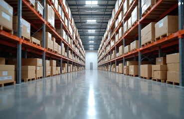 Poster - Modern logistic warehouse interior with high ceiling, orderly rows of storage racks stacked with cardboard boxes. Warehouse filled with goods, crates, pallets. Business, industry, delivery, cargo,