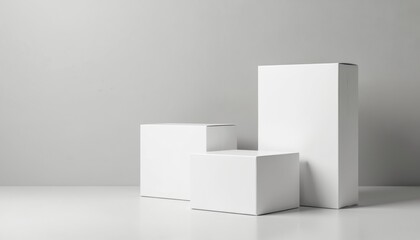 Poster - Minimalist composition three blank white boxes against gray background. Simple, clean design for product packaging mockups, branding presentations, advertising campaigns. Suitable for design,