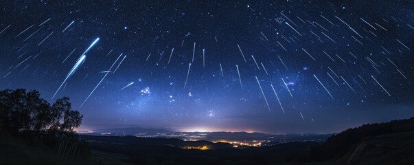 Wall Mural - night sky ablaze with shooting stars over a valley