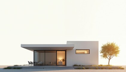 Poster - Modern minimalist house design isolated on transparent background. Contemporary architectural exterior, structure, glass facade. Property dwelling, flat rooftop. Green tree. Ideal for real estate