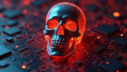 Poster - Digital cybercrime concept with neon glowing skull. Malware, hacking threats on computer motherboard. Digital data security, network protection concept. Cyber attack, online safety.