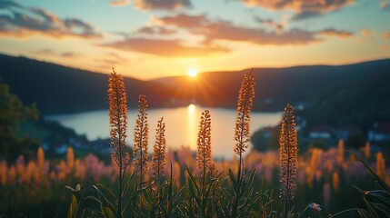 Wall Mural - sunset over lake, wildflowers