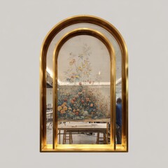 Poster - Elegant arched window with golden frame showcasing floral art print in contemporary interior design setting for stylish home decoration inspiration
