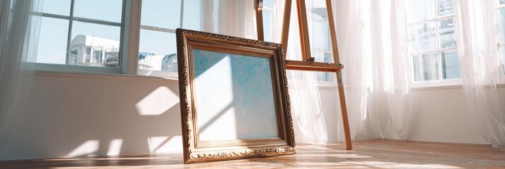 Poster - Bright and Cozy Interior with Golden Frame, Wooden Easel, and Natural Light Inviting Artistic Inspiration in a Modern Studio Environment