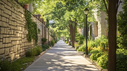  Sunny walkway between stone walls, lush greenery, urban oasis