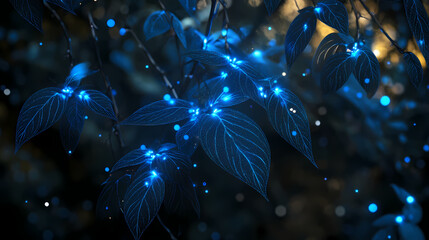 Wall Mural - Abstract 3d render of glowing blue lines on a dark background. [Lunar Botanica] | Etherleaf Vines | trailing glow. Illustration