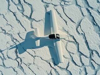 Poster - An aerial view depicts a white airplane casting a shadow on a textured turquoise and white surface resembling ice cubes illuminated by sunlight.