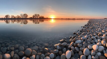 Poster - Tranquil Sunrise Over a Serene Lake Shore With Smooth Stones Reflecting Golden Light