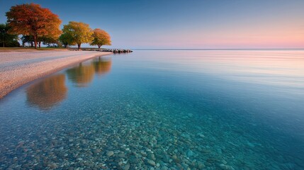 Poster - Calm Sunrise Over a Peaceful Lake Shore Inviting Tranquility and Reflection