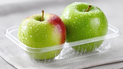 Poster - Fresh Apples With Droplets in Plastic Containers on a Soft Surface in a Bright Kitchen