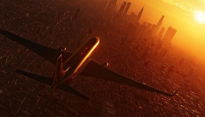 Poster - Airplane flying over a cityscape bathed in golden light during sunset with illuminated buildings reflecting the sun's glow offering a captivating aerial perspective.