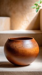 Poster - Elegant Clay Pot With Intricate Etchings on Soft Sand Colored Surface