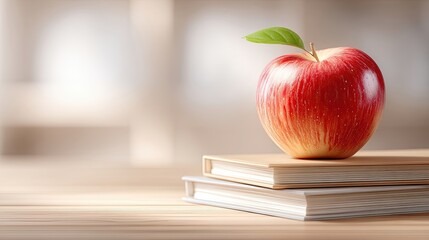Poster - Neutral Books With a Vibrant Apple Atop in Soft Daylight, Showcasing Simplicity