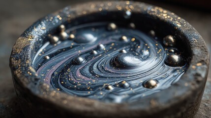Poster - Swirling liquid with metallic bubbles in a dark, textured bowl.