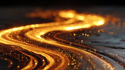 Poster - Flowing golden light with shimmering bokeh effects on a dark background.
