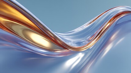 Poster - Abstract flowing waves with metallic sheen against a soft blue background.