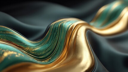 Poster - Abstract fluid art with golden and teal waves flowing gracefully.