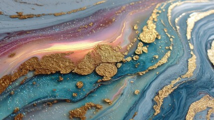 Poster - Colorful abstract texture with shimmering metallic elements and fluid patterns.