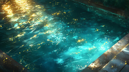 Wall Mural - golden light pours into the stillness of a shimmering, turquoise pool, aquatic, shimmer, radiant. [c