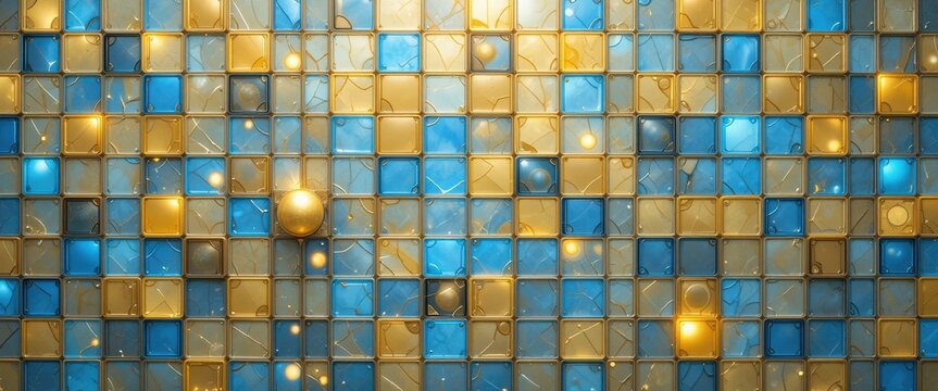 Luminous Blue and Gold Mosaic Tile Abstract A Play of Light and Texture