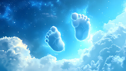 Wall Mural - bright blue footprints clouds