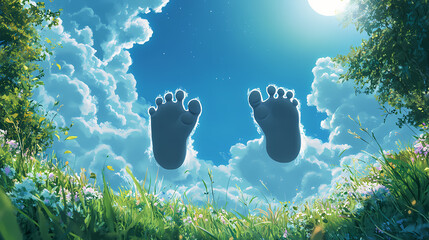 Wall Mural - bright blue footprints clouds